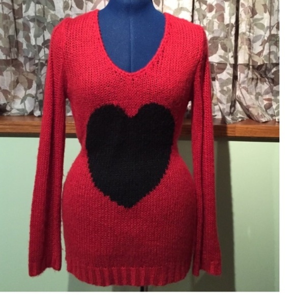 Wet Seal Tops - Red Knit Sweater w/ Black Heart